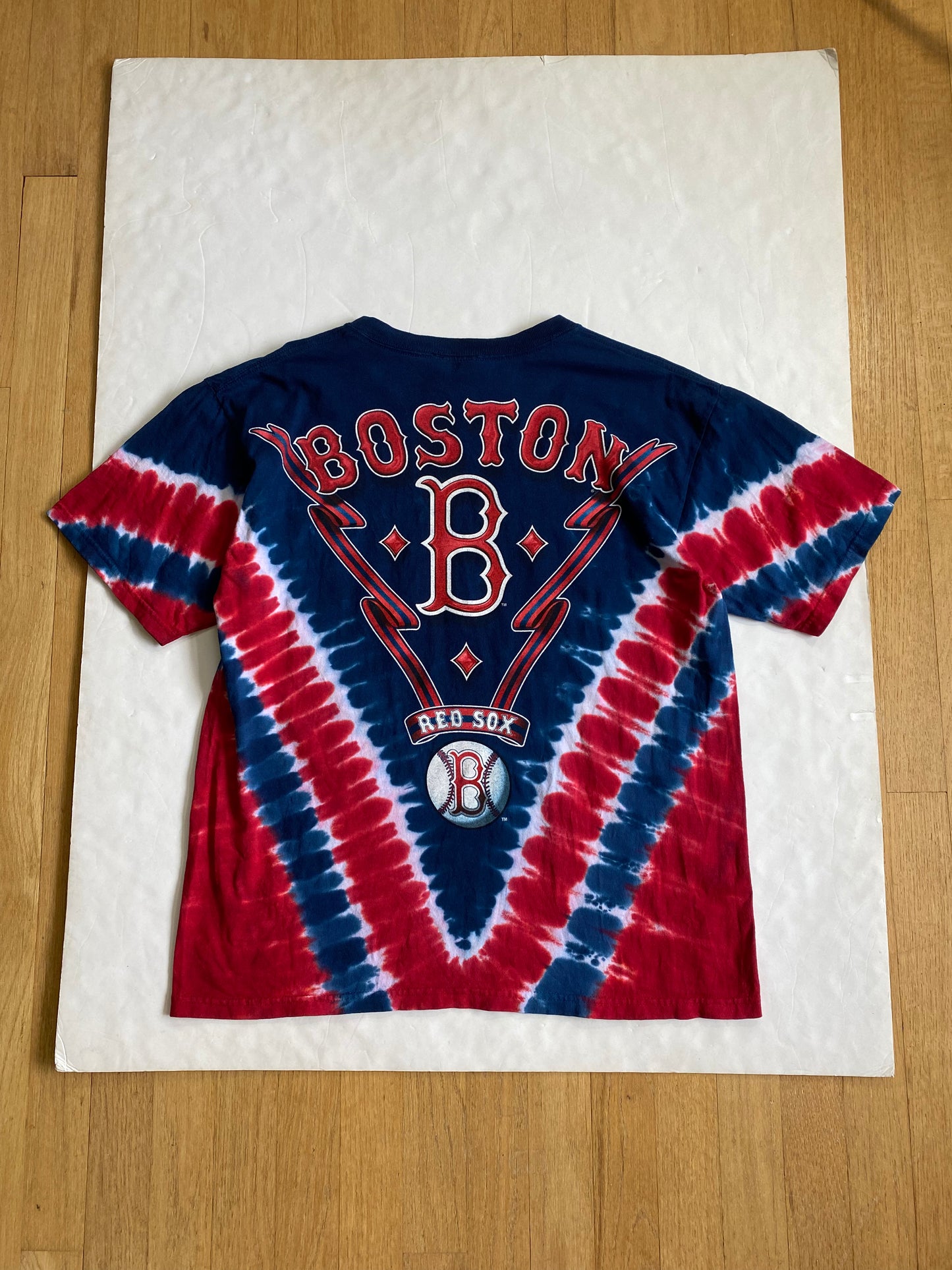 Vintage Boston Red Sox V Tie-Dye Double Sided Graphic Tee Shirt Size L Red  Blue